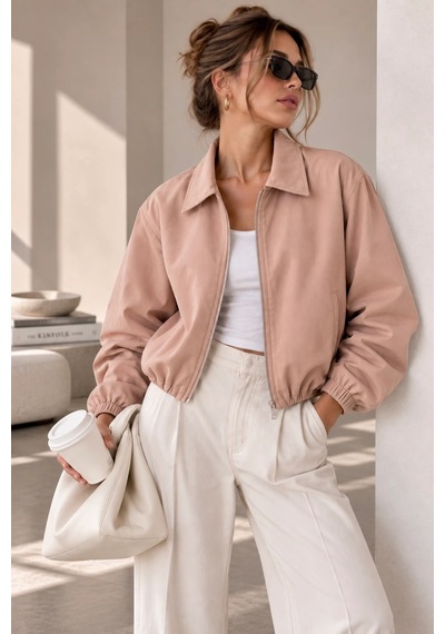 Bb Butik Basic Mevsimlik Fermuarlı Bomber Ceket Oversize Rahat Kalıp Fs3434 Pudra
