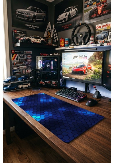 Hex Işık Gaming Mousepad Xxl 90x40 Cm Kaymaz Taban Dikişli Kenar Mavi Neon Oyuncu Masa Pedi
