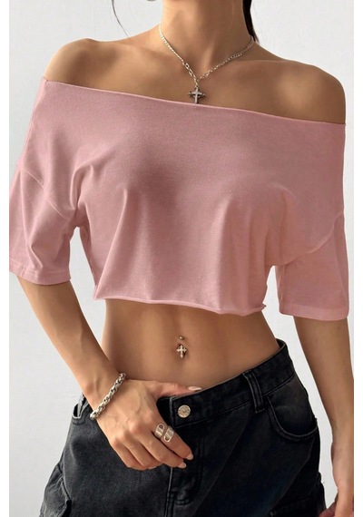 Kadın Pembe Kayık Yaka Oversize Crop T-shirt Pembe