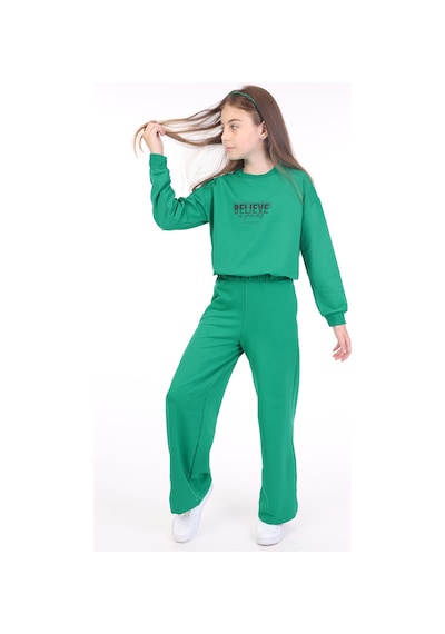 Toontoy Kids Toontoy Kız Çocuk 2'li Takım Baskılı Bisiklet Yaka Sweatshirt & Beli Lastikli Bol Paça Eşofman Altı - 2 İplik Koyu Yeşil