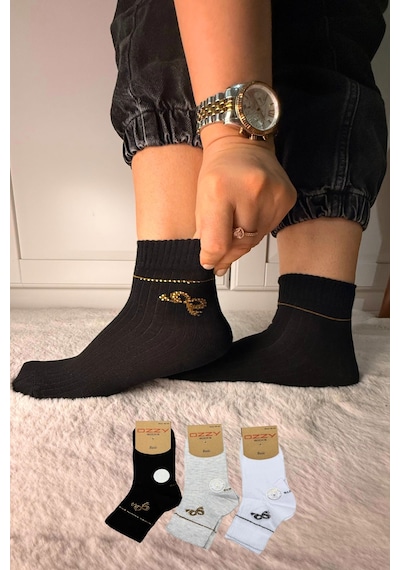 Ozzy Socks 3 Çift Kadın Taş Detaylı Dikişsiz & Takviyeli Patik Çorap Gri