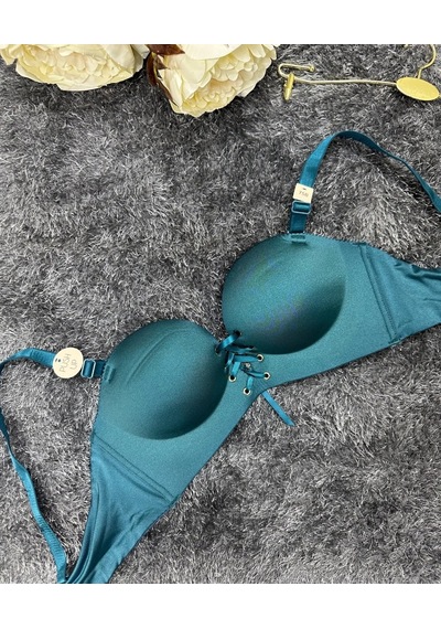 Natasha İthal Balensiz Push-up Lazer Kesim Önden Bağlamalı Rahat Petrol Yeşili