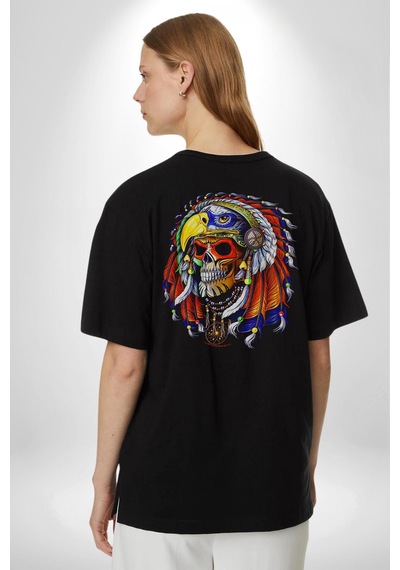 Kızıl Derili Kuru Kafa Düş Kapanı Pamuklu Unisex Oversize Sırt Dijital Baskılı Siyah T-shirt Siyah