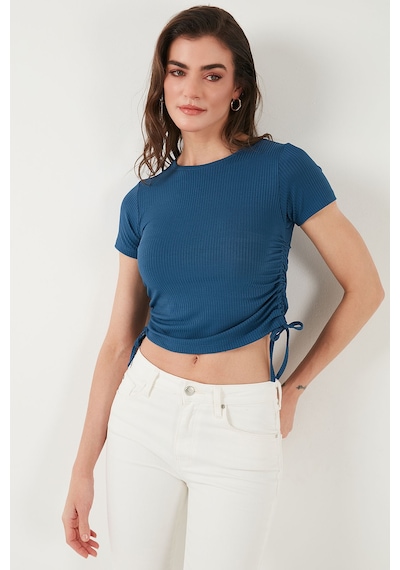Lela Yanlardan Büzgülü Kısa Kollu Crop Bayan Bluz 5864010 Indigo