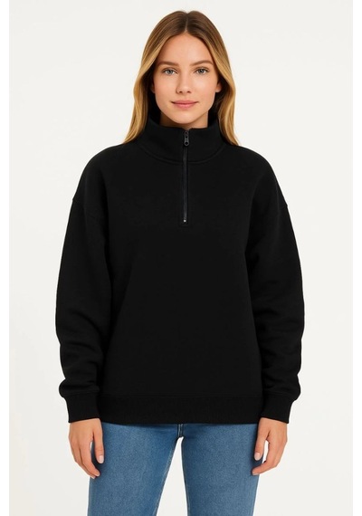 Mbb E-ticaret Kadın 3 İplik Pamuklu Dık Yaka Yarım Fermuarlı Sweatshirt - Siyah