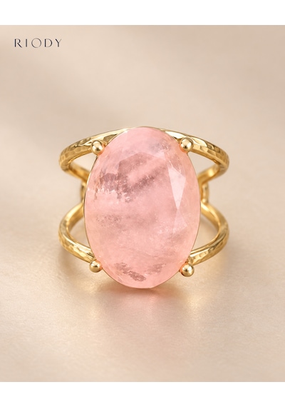 Riody Regard Rose Gold Kaplama Pembe Kedi Gözü Doğal Taşlı Ayarlanabilir Kadın Yüzük Sarı Altın