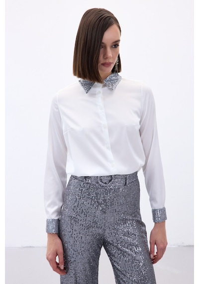 Sateen Payet Detaylı Saten Gömlek - Gri-136688 gri