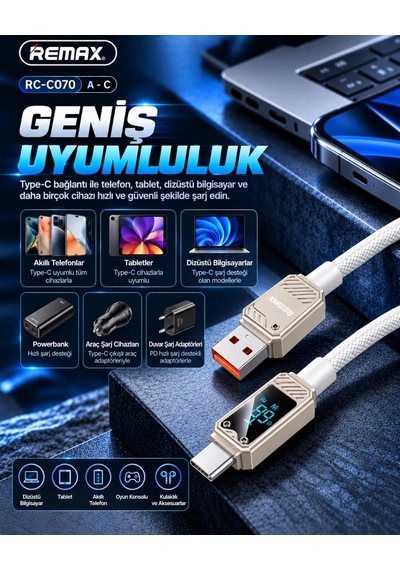 Remax Suxien Serisi Rc-c070-b 66w Akıllı Dijital Ekranlı Usb-a To Type-c Hızlı Şarj Ve Data Kablosu 1.2 Metre Beyaz