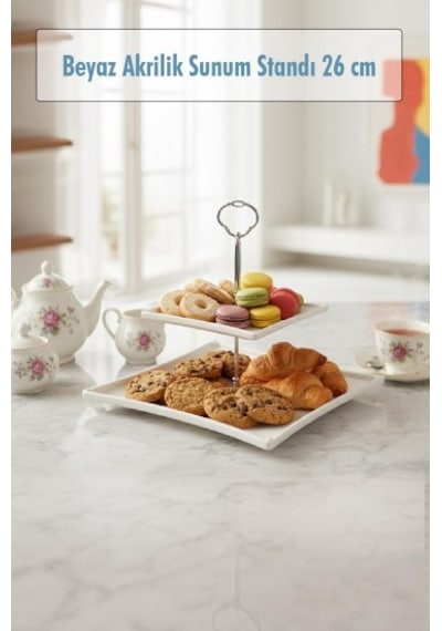 2 Katlı Beyaz Akrilik Meyvelik & Kurabiyelik & Sunum Standı - 26 Cm Çok Renkli