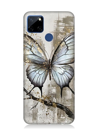 Realme C12 Uyumlu Gri Kelebek Desenli Silikon Kılıf