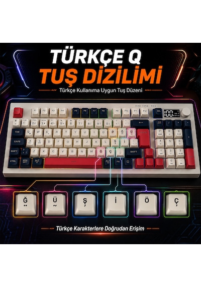 Lecoo Gk690 Kablosuz 3 Modlu 96 Tuşlu Rgb Gasket Membran Türkçe Q Oyuncu Klavyesi Beyaz Lacivert