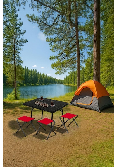 Exent 45x60 Cm Kamp Sehpası + 3 Adet Kırmızı Tabure Piknik, Bahçe Balkon Sehpası Katlanır Sehpa-me-3k Çok Renkli