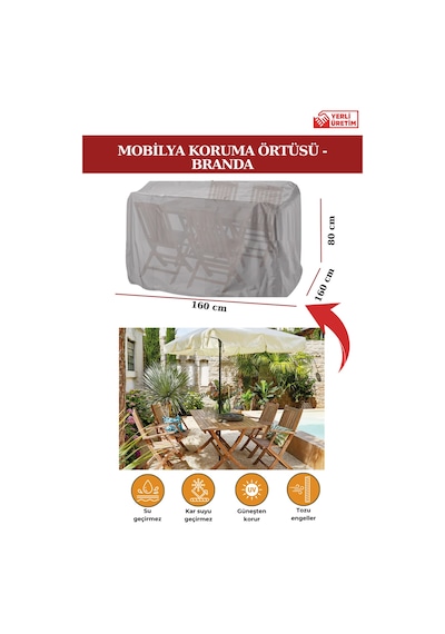 Gri Bahçe Mobilya Koruma Örtüsü Branda 160x160x80 Cm - Santimetre, Su Geçirmez, Güneşten Korur Gri