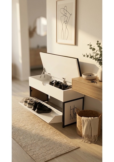 Puflu Sandıklı Metal Ayakkabılık 8 Çift Kapasiteli Minderli Bench Oturak Tasarım Tescilli Ürün Beyaz Puflu Sandıklı Metal Ayakkabılık 8 Çift Kapasiteli Minderli Bench Oturak Tasarım Tescilli Ürün Beyaz