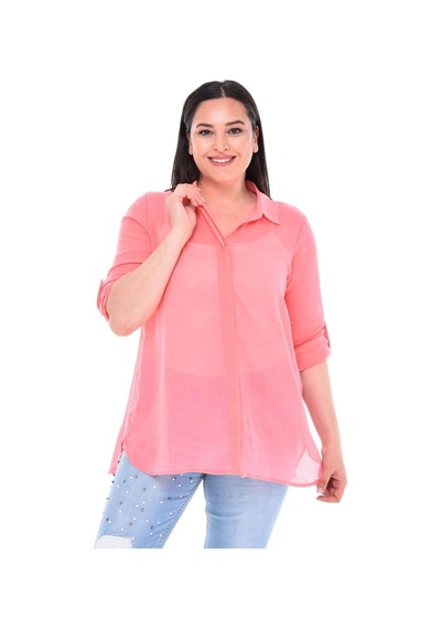 Hanezza Büyük Beden Desenli Viskon Tunik Gömlek Pembe - 243707626 Pembe