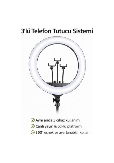 Ayrex 21 İnç 54 Cm Profesyonel Ring Light 210 Cm Ayarlanabilir Tripodlu, 3'lü Telefon Tutuculu, 3 Işık Modlu,