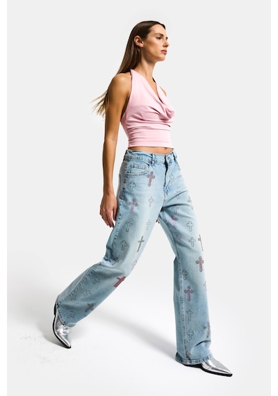 Itsbasic Kadın Kot Rengi T-4s6-32 Özel Parlak Taşlı Elastan Kumaş Tasarım Denim Jean Mavi