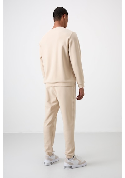 Tommy Life Bej Pamuklu Kalın Yumuşak Dokulu Comfort Fit Nakışlı Erkek Eşofman Takım - 85254 Bej