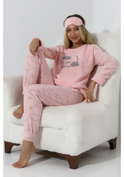 Wordex Fawn 5010 Peluş Welsoft Polar Kışlık Yumoş Kadın Pijama Takımı Pembe