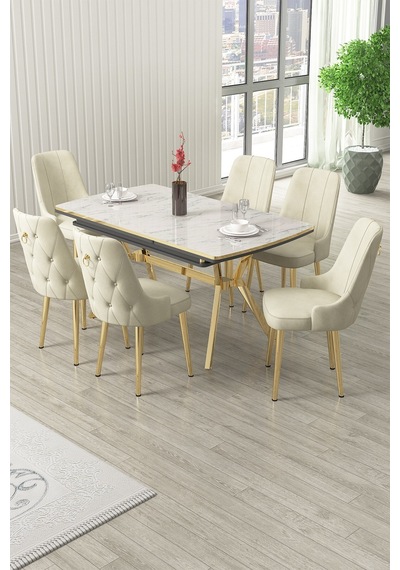 Canisa Nis Serisi 89x150 Açılabilir Lak Panel Beyaz Mermer Gold Ayak Masa Takımı Ve 6 Krem Sandalye Masa Beyaz Mermer Desen Sandalye Krem Canisa Nis Serisi 89x150 Açılabilir Lak Panel Beyaz Mermer Gold Ayak Masa Takımı Ve 6 Krem Sandalye Masa Beyaz Mermer Desen Sandalye Krem