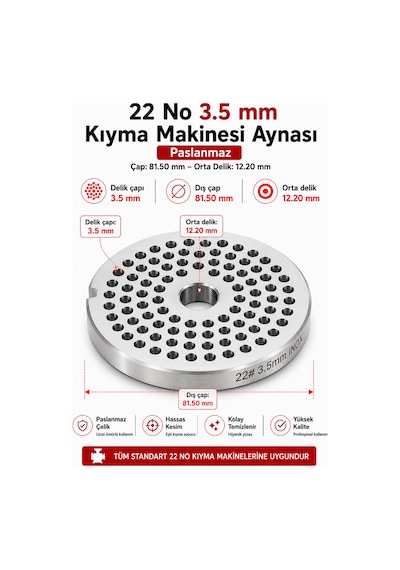 22 No 3,5 Mm Kıyma Makinesi Aynası Paslanmaz