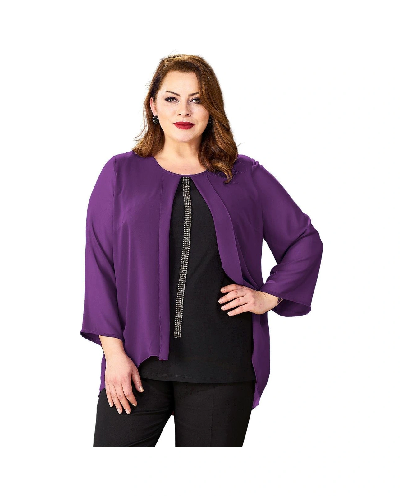 Lilas Xxl Büyük Beden Koyu Mor Renkli Likralı Şifon Bluz Mor