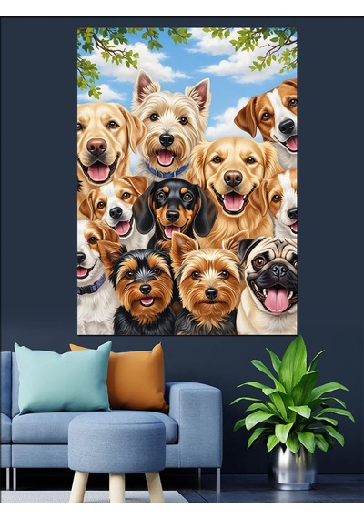 Ahşap Tablo Farklı Cins Köpeklerin Grup Portresi