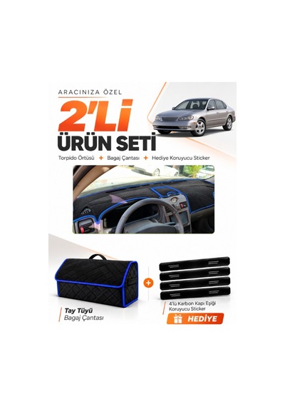 Infınıtı İ30-i35 1998-2000 Uyumlu Torpido Örtüsü + Tay Tüyü Bagaj Çantası + Sticker - Siyah Mavi