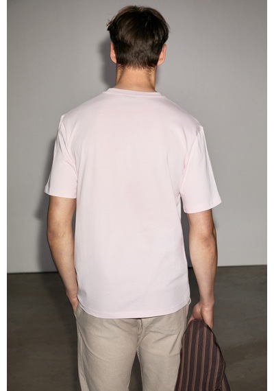 Grimelange Grımelange Solo Erkek %100 Organik Pamuklu Kalın Dokulu Comfort Fit Bisiklet Yakalı Pembe T-shirt