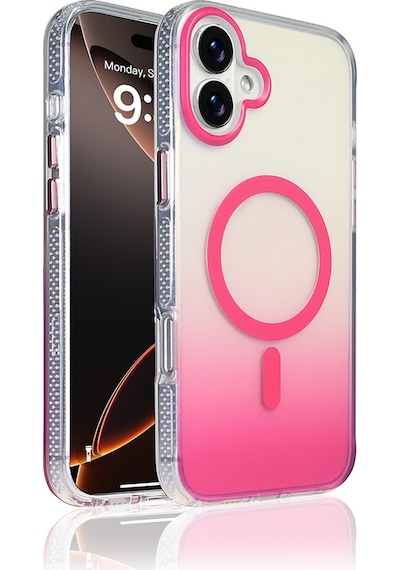 Techaks Apple Uyumlu iPhone 16 Plus Kılıf M-safe Şarj Özellikli Transparan Renk Geçişli Tchs Toros Kapak - Rose Pembe Pembe