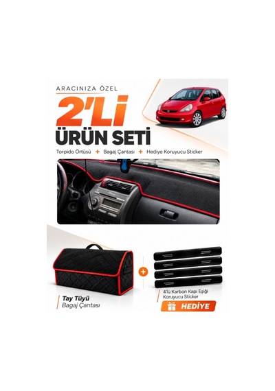 Honda Jazz 2002-2008 Uyumlu Torpido Örtüsü + Tay Tüyü Bagaj Çantası + Sticker Seti - Siyah Kırmızı