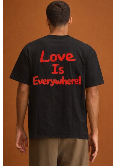 Tarz Cool Erkek Oversize Tişört "love Is Everywhere" Baskılı Basic Pamuklu T-shirt Siyah
