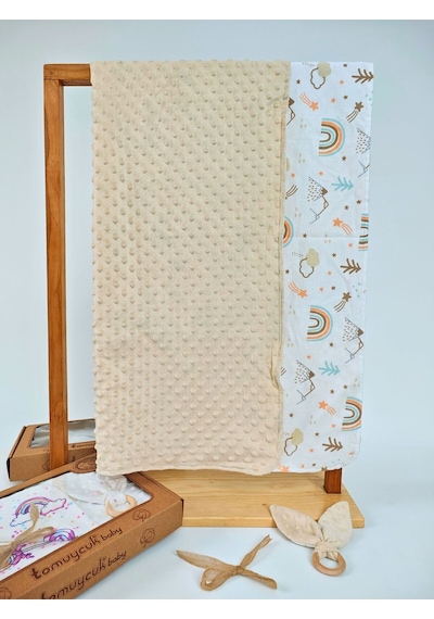 Nohut Desenli %100 Pamuklu Çift Katlı Bebek Battaniyesi 85x85 Cm Kız/erkek Kundak & Mevsimlik Örtü Bej