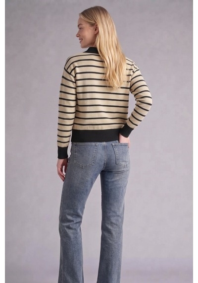 Soft&basic Çizgili Polo Yaka Triko Kadın Kazak Fermuarlı Siyah