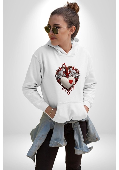 Robot Kalp Atardamar Kadın Erkek Beyaz Kapüşonlu Sweatshirt Hoodie Beyaz
