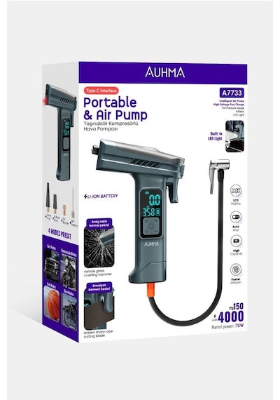 Araba Hava Pompası 4 Ü 1 Arada: Kompresör + Cam Kırıcı + Kemer Kesici + Led Işık Şarjlı