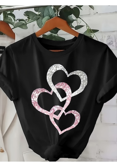 Uyguntarz Unisex İç İçe Geçmiş Kalpler Baskılı Tasarım Tshirt Siyah