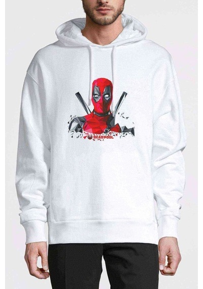 Deadpool 3D Boyut Baskılı Beyaz Erkek Örme Kapşonlu Sweatshirt