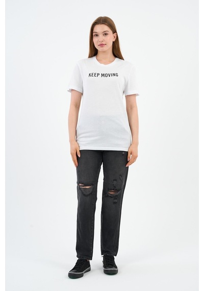 Baskılı Bisiklet Yaka Pamuklu T-shirt Beyaz
