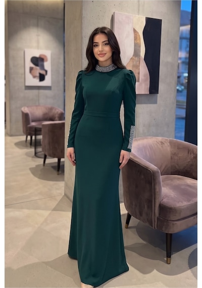 Dorne Moda Taş İşlemeli Yaka Ve Kol Detaylı Uzun Davet Elbisesi Yeşil Yeşil