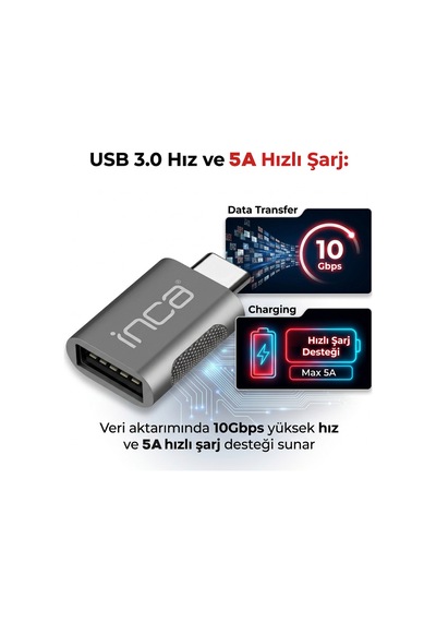 Inca Itpc-01us Type-c To Usb 3.0 Dönüştürücü Adaptör Otg 10 Gbps 5a Hızlı Şarj