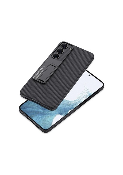 Samsung Galaxy S23 Plus Uyumlu Kılıf Karbon Fiber Ve Suni Deri Görünümlü Standlı Kapak Siyah Karbon