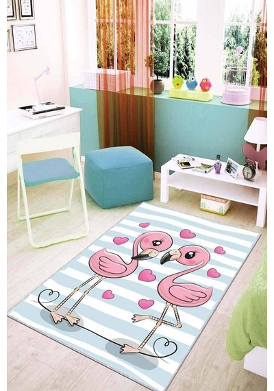 Pembe Kaymaz Tabanlı Yıkanabilir Kuğulu Çocuk Halısı Ar036n11