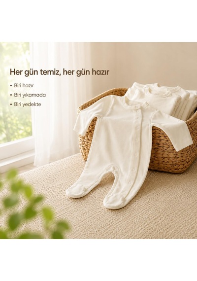 3'lü Yenidoğan Bebek Tulumu, 0-3 Ay Unisex Ekru Organik Pamuk Tulum Seti Bej - Çok Renkli