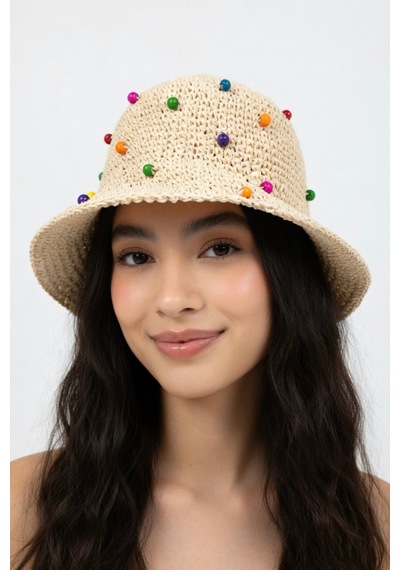Mollycrush Kadın Renkli Boncuk Detaylı Bej Hasır Bucket Şapka El Örgüsü Yazlık Trend Kova Stil Bej