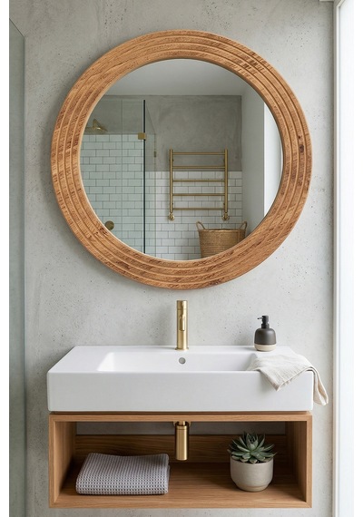 Antik Ahşap Dekoratif Ayna Yuvarlak Banyo Duvar Aynası 56 Cm Naturel