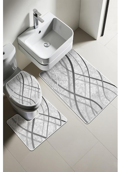 Modern Desenli Dijital Baskı 3'lü Banyo Paspas Takımı Yıkanabilir Kaymaz Tabanlı Klozet Takımı Klz0004 Diğer