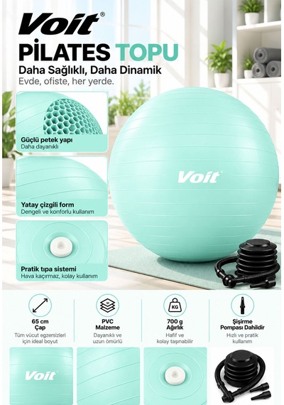 65 cm Pilates Topu Pompa Dahil Fitness ve Denge Egzersiz Topu Yeşil