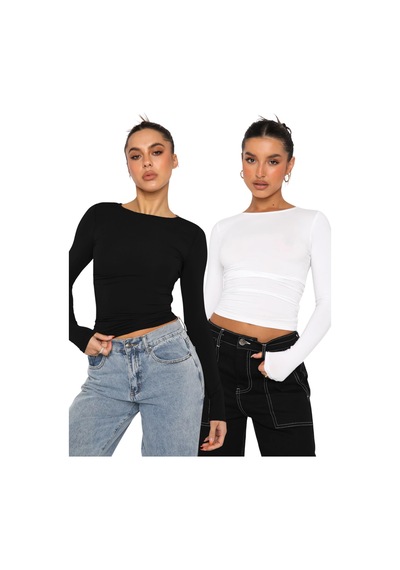 Seeh Siyah/beyaz Bisiklet Yaka Basic Uzun Kollu Body Sh142 Siyah - Beyaz