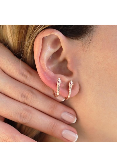 Yılan Kırmızı Zirkon Taşlı Rose Gold Kaplama Gümüş Küpe Gümüş